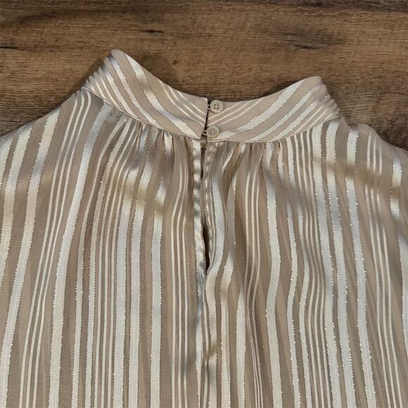 Express Striped Sheer Mock Neck Blouse Champagne Beige Office Holiday L READ - Picture 3 of 11